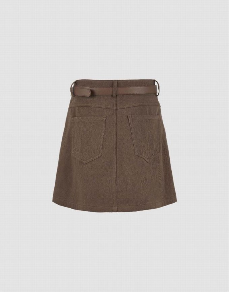 Coffee Urban Revivo Mini A-Line With Belt Women's Denim Skirt | 80975WTGJ