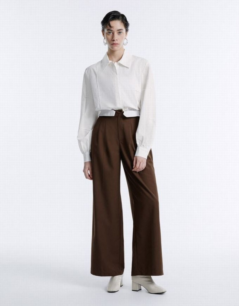 Coffee Urban Revivo Pleated Wide Leg Women's Pants | 84056GNZS