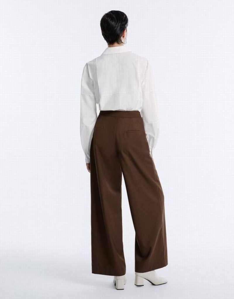 Coffee Urban Revivo Pleated Wide Leg Women's Pants | 84056GNZS