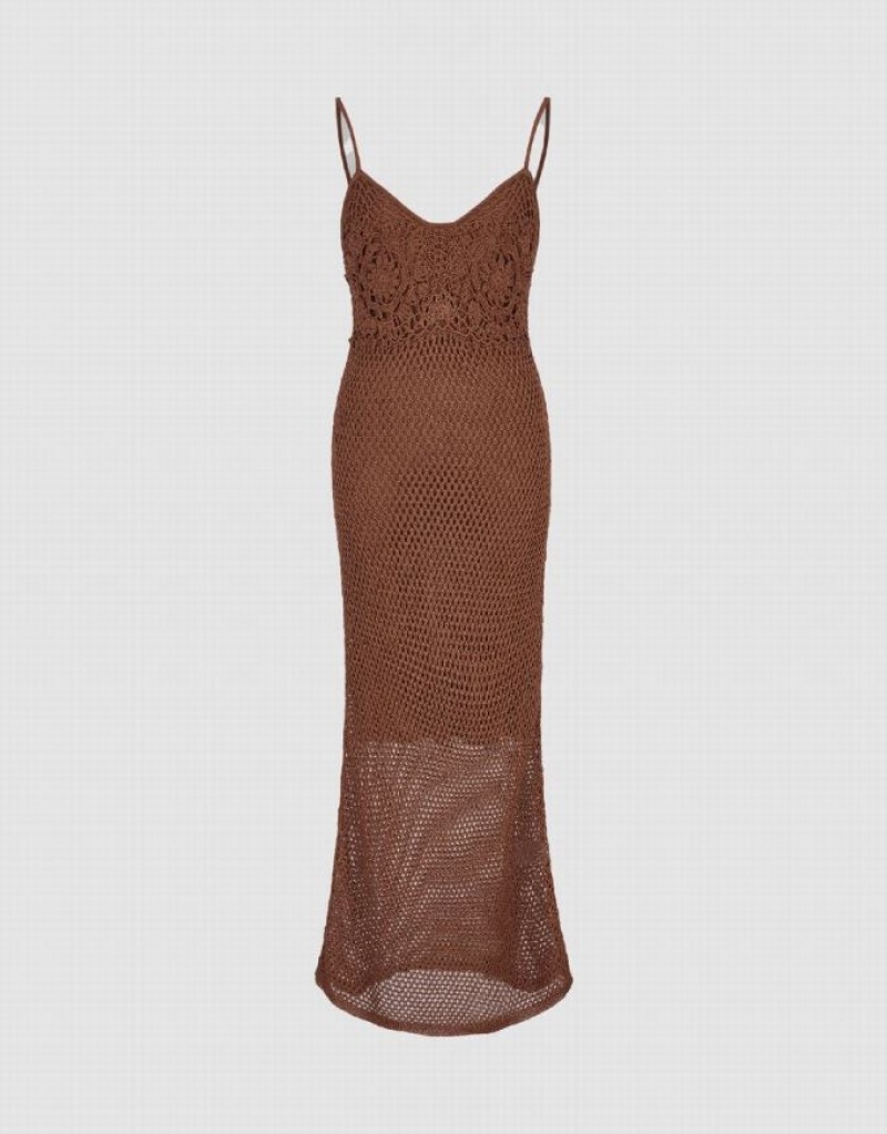 Coffee Urban Revivo Sleeveless Pointelle Women's Knitted Dress | 98613ZVKG