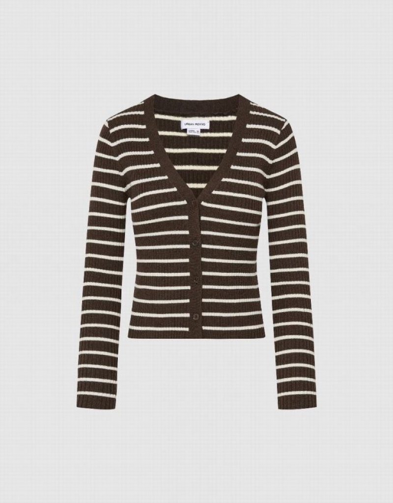 Coffee Urban Revivo Striped V-Neck Knitted Women's Cardigan | 90517THQY