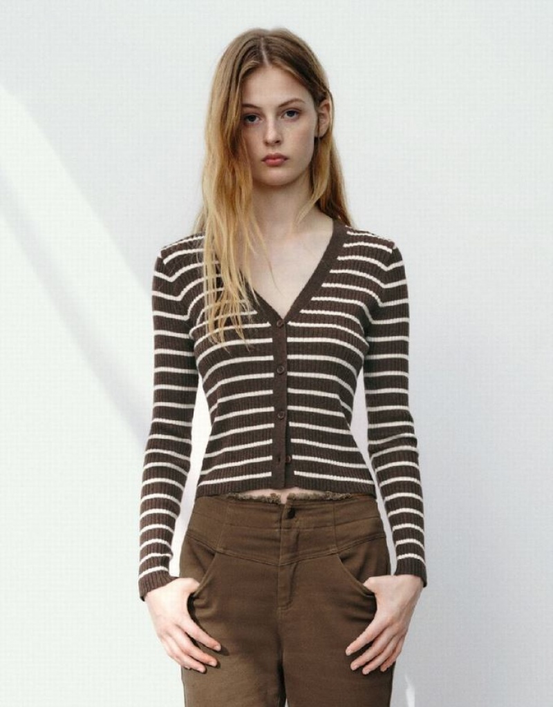 Coffee Urban Revivo Striped V-Neck Knitted Women\'s Cardigan | 90517THQY