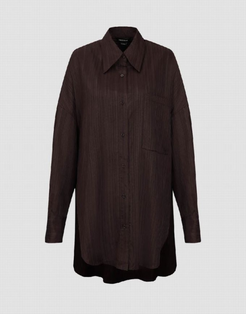 Coffee Urban Revivo Textured Button Up Oversized Women's Shirts | 80417MZEQ