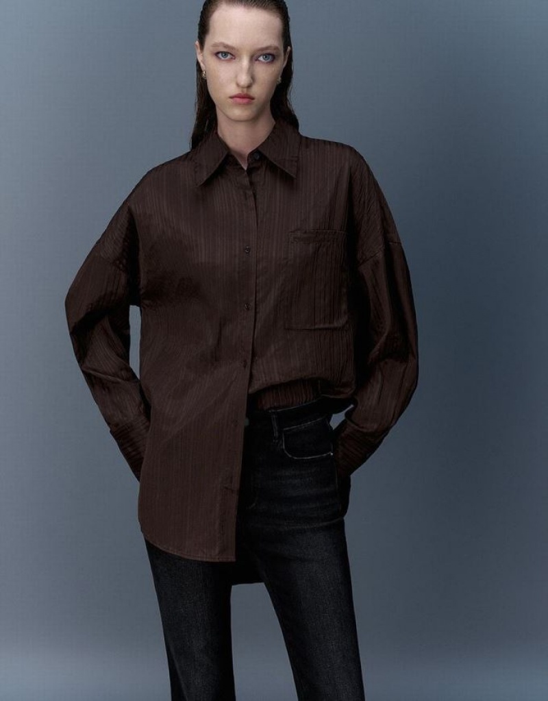 Coffee Urban Revivo Textured Button Up Oversized Women's Shirts | 80417MZEQ