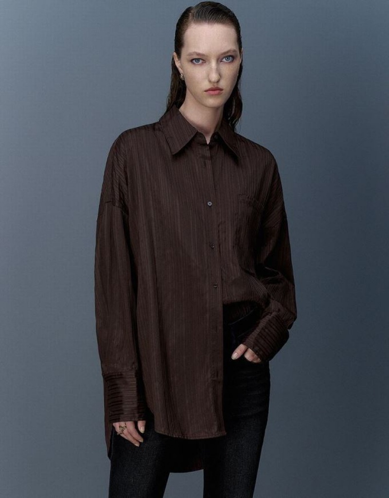 Coffee Urban Revivo Textured Button Up Oversized Women\'s Shirts | 80417MZEQ