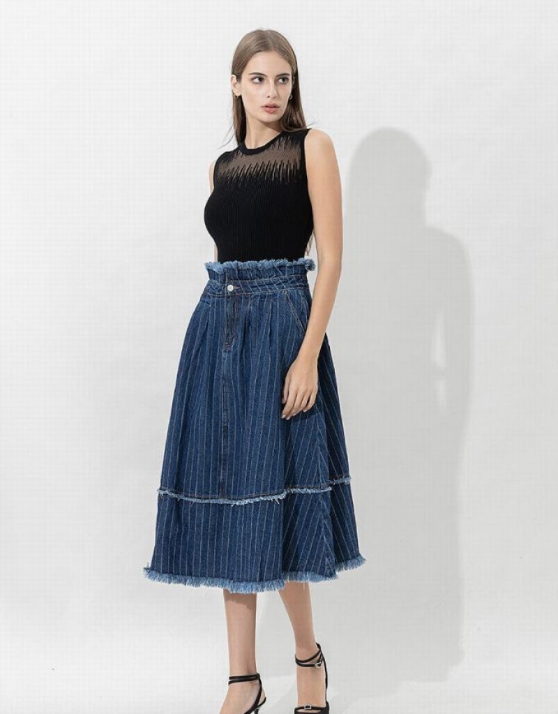 Dark Blue Urban Revivo Striped Raw Hem Midi A-Line Women's Denim Skirt | 43980ZRWI