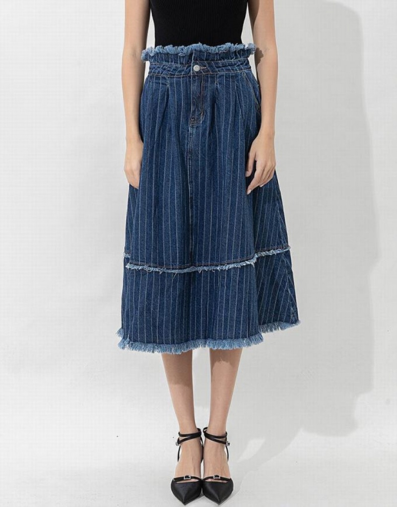 Dark Blue Urban Revivo Striped Raw Hem Midi A-Line Women's Denim Skirt | 43980ZRWI