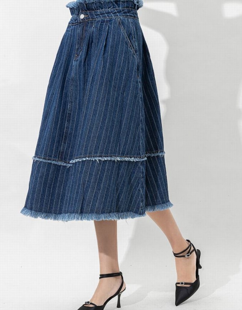 Dark Blue Urban Revivo Striped Raw Hem Midi A-Line Women's Denim Skirt | 43980ZRWI