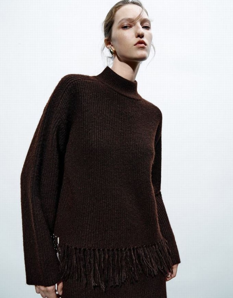 Dark Brown Urban Revivo Crew Neck Knitted With Tassel Women's Cardigan | 61472OFNU