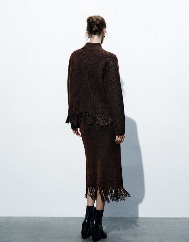 Dark Brown Urban Revivo Crew Neck Knitted With Tassel Women's Cardigan | 61472OFNU