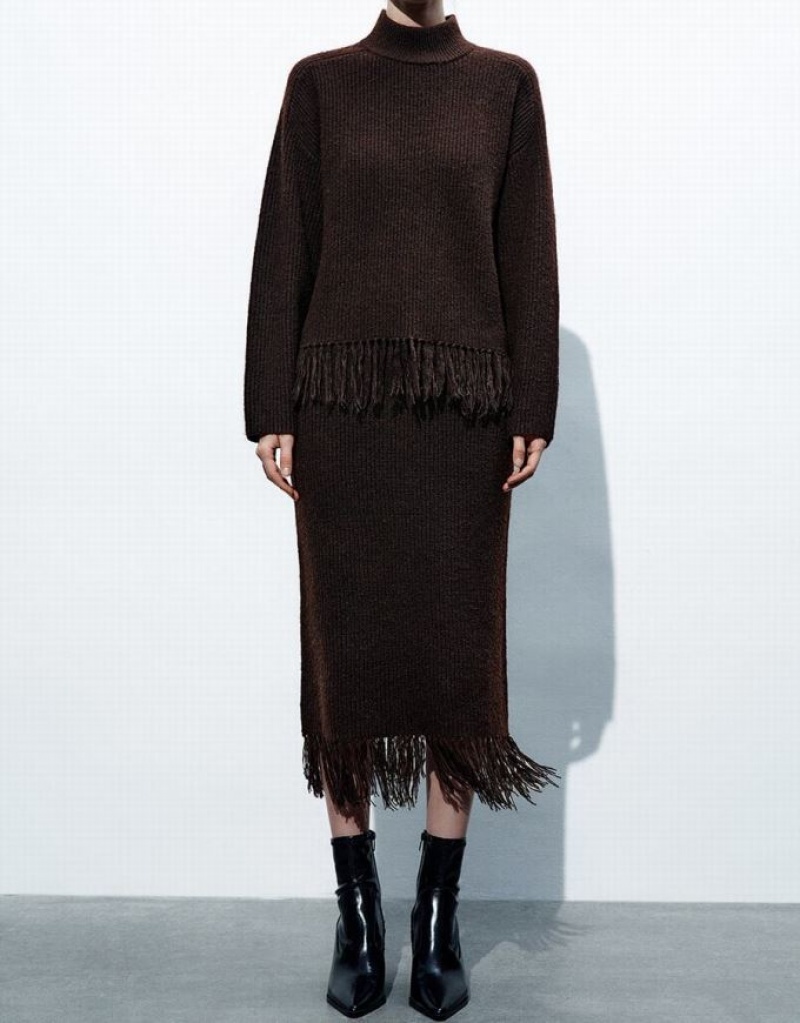 Dark Brown Urban Revivo Raw Hem Straight Midi Knitted Women's Skirts | 16952OFNZ