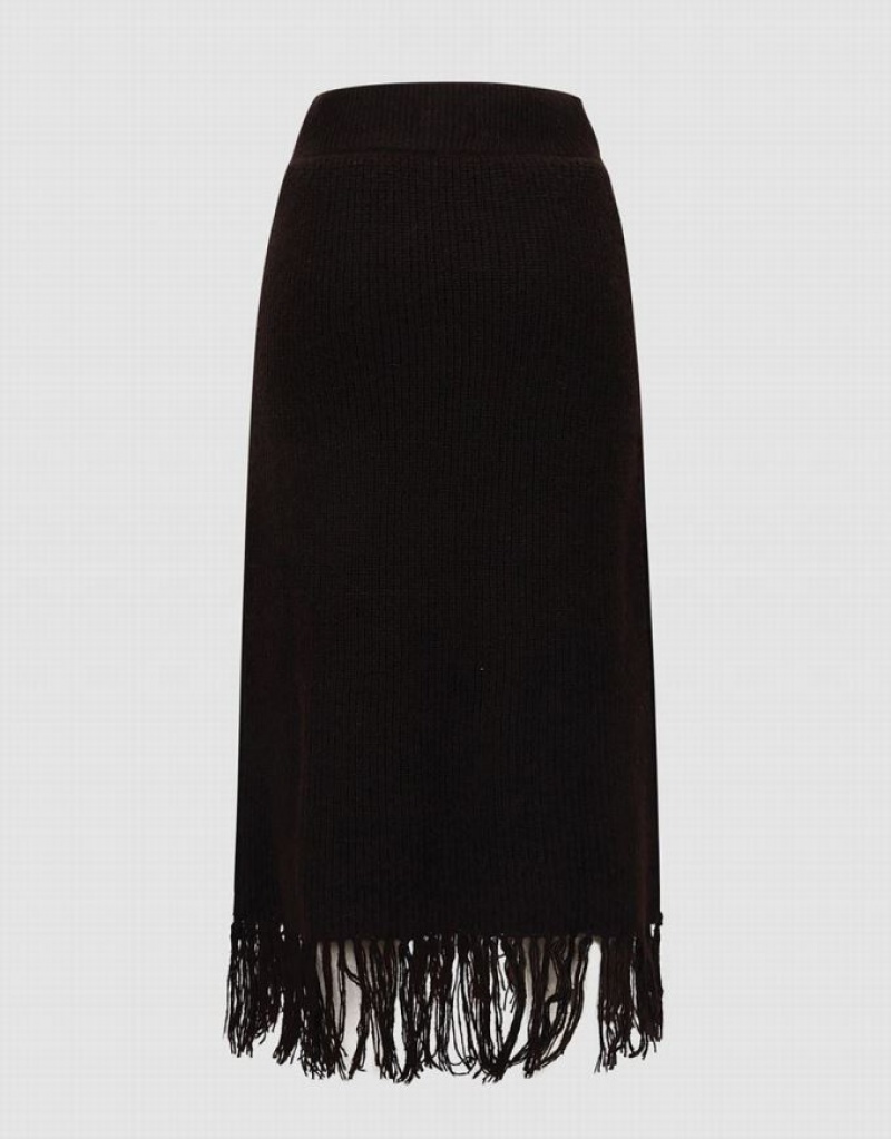 Dark Brown Urban Revivo Raw Hem Straight Midi Knitted Women's Skirts | 16952OFNZ