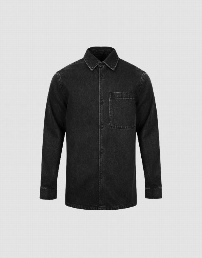 Dark Grey Urban Revivo Button Up Denim Men's Shirts | 40526CXWG