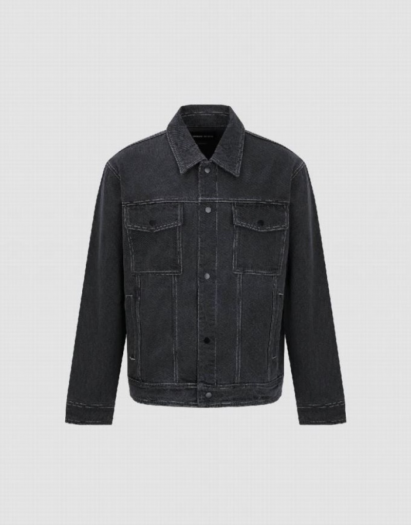 Dark Grey Urban Revivo Button Up Men's Denim Jackets | 52689GCUX