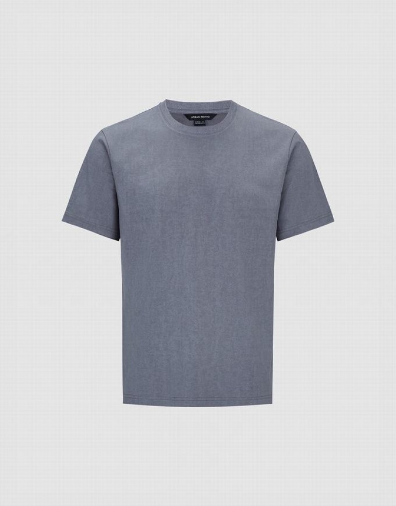 Dark Grey Urban Revivo Crew Neck Straight Men's T-Shirts | 41630XAHB