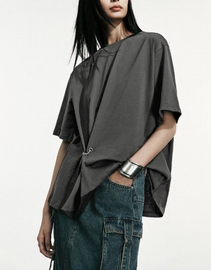 Dark Grey Urban Revivo Drop Shoulder Sleeve Loose Women's T-Shirts | 28974YMXJ