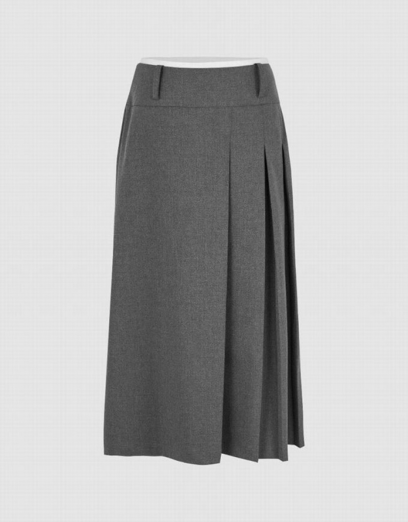 Dark Grey Urban Revivo Pleated Midi A-Line Women\'s Skirts | 91820QXAB