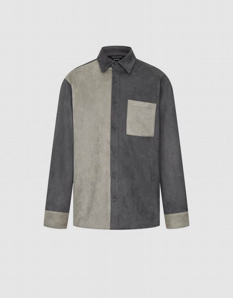 Dark Grey Urban Revivo Two Toned Button Up Men\'s Shirts | 92738DGWR