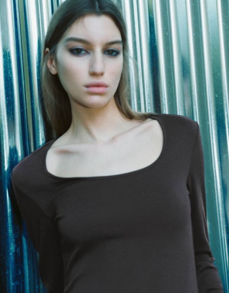 Dark Grey Urban Revivo U Neck Knitted Women's T-Shirts | 36154PWIH