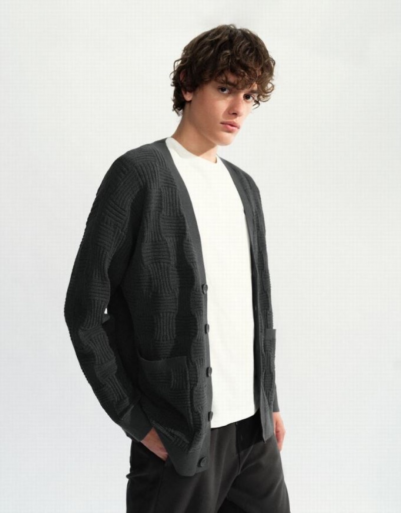 Dark Grey Urban Revivo V-Neck Knitted Men's Cardigan | 06249RVAJ