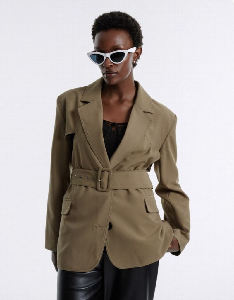 Dark Khaki Urban Revivo Buckle Belted Women's Blazers | 58716WQFD