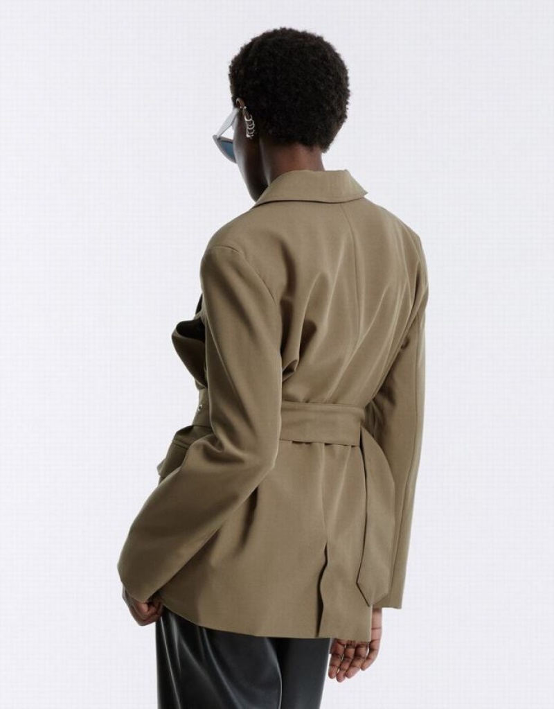 Dark Khaki Urban Revivo Buckle Belted Women's Blazers | 58716WQFD