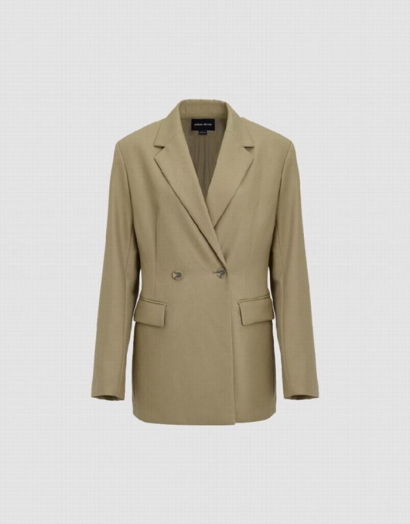 Dark Khaki Urban Revivo Notch Lapel Tailored Women's Blazers | 92107CNLI