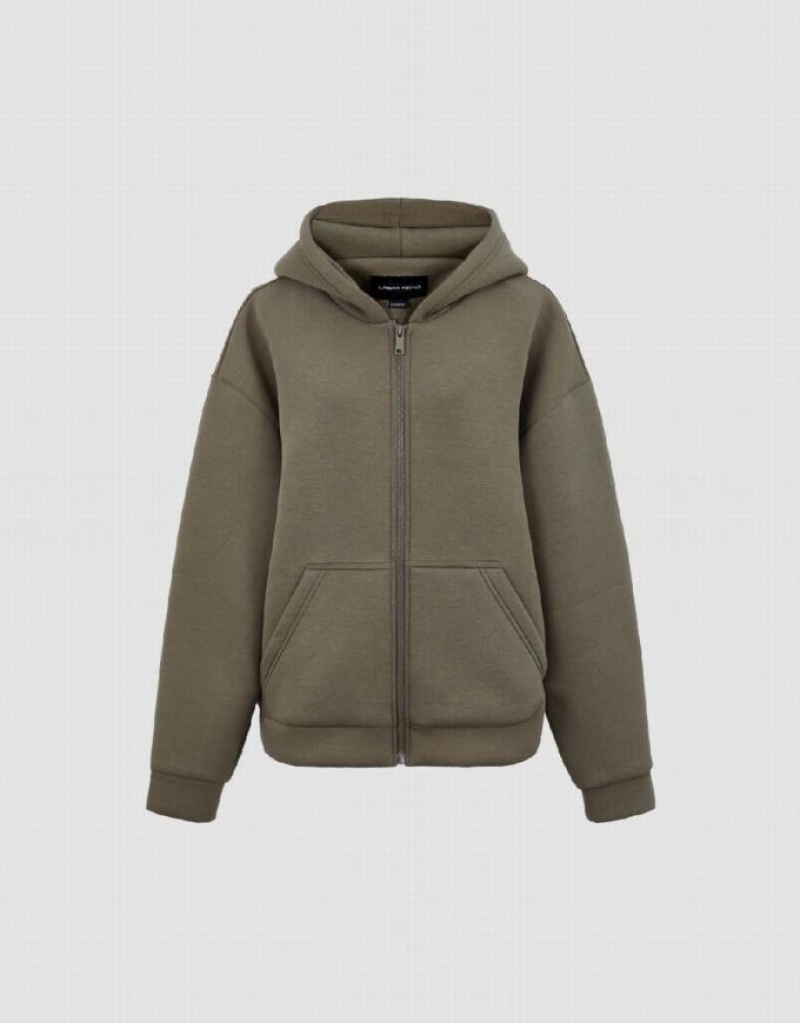 Dark Khaki Urban Revivo Zipper Front Hooded Oversized Women's Hooded Jackets | 56427BGQX