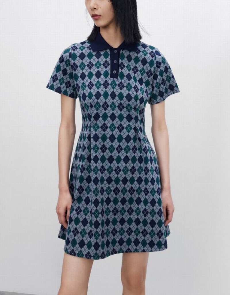 Green Urban Revivo Argyle Printed A-Line Women's Dress | 60325PZID