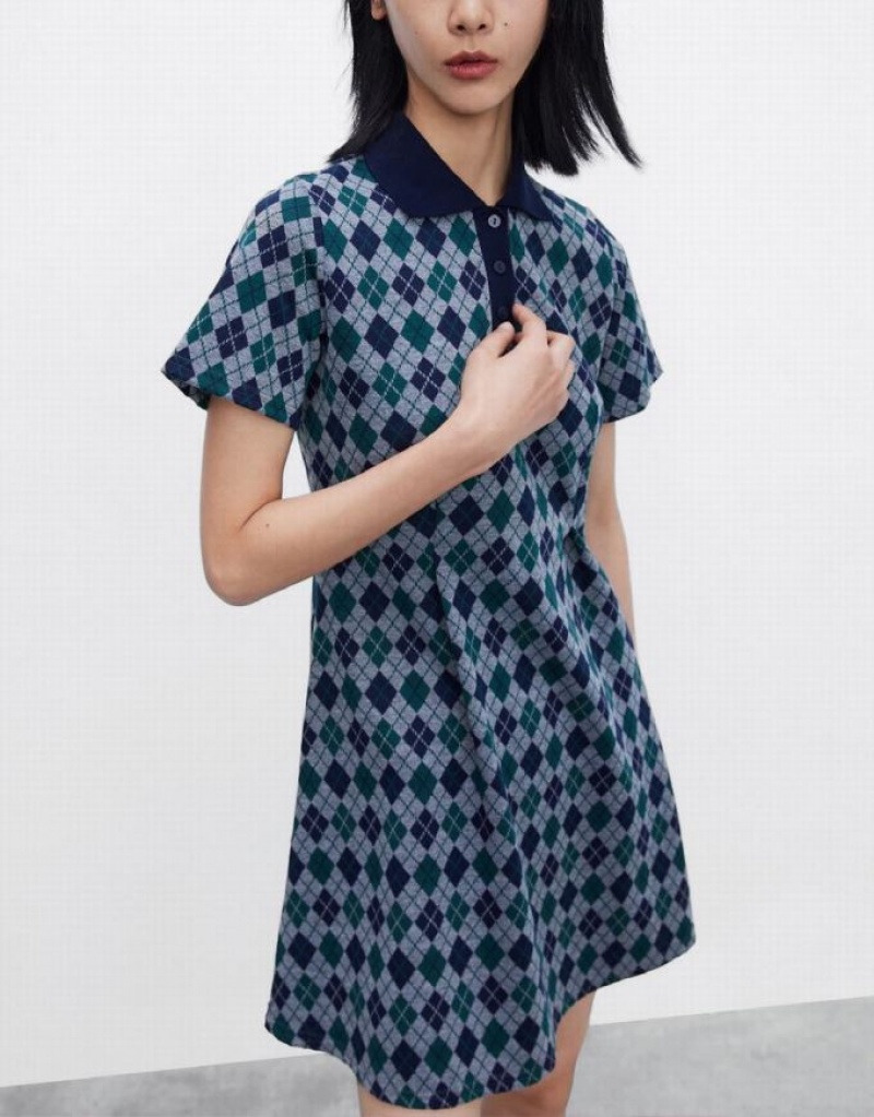 Green Urban Revivo Argyle Printed A-Line Women's Dress | 60325PZID