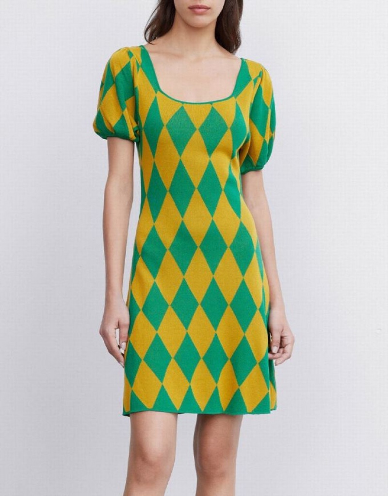 Green Urban Revivo Argyle Women's Knitted Dress | 03149JGCZ