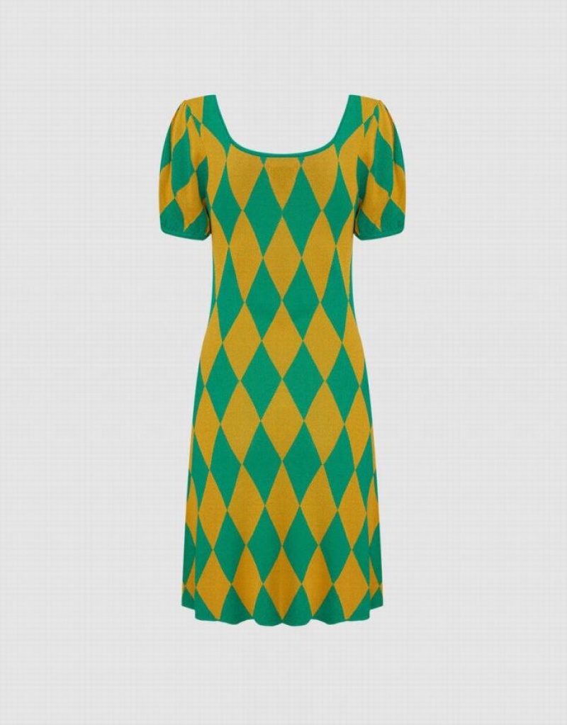 Green Urban Revivo Argyle Women's Knitted Dress | 03149JGCZ