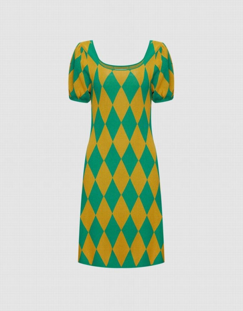 Green Urban Revivo Argyle Women\'s Knitted Dress | 03149JGCZ