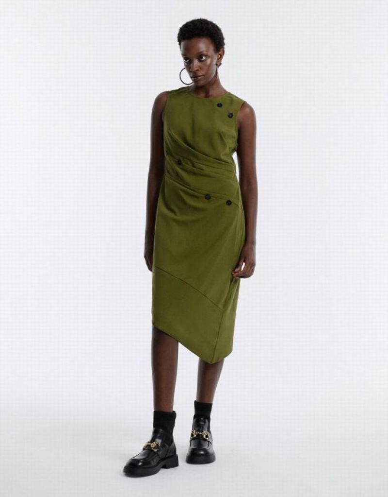 Green Urban Revivo Asymmetrical Buttoned Midi Women's Midi Dress | 64319QHUI