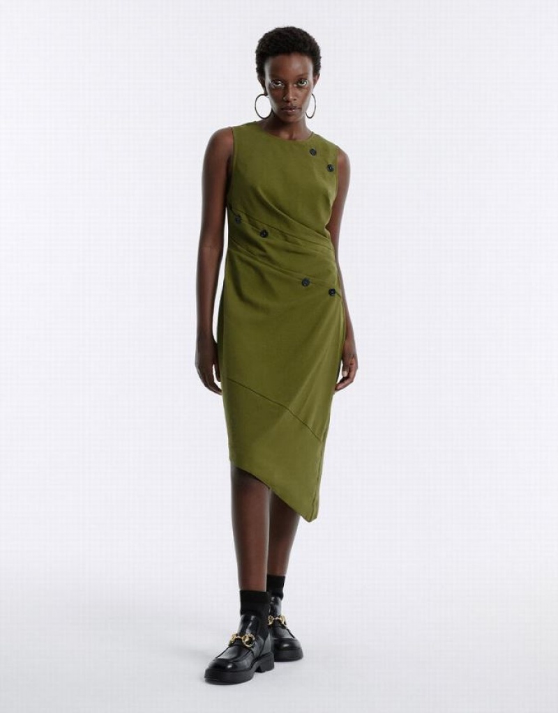 Green Urban Revivo Asymmetrical Buttoned Midi Women's Midi Dress | 64319QHUI