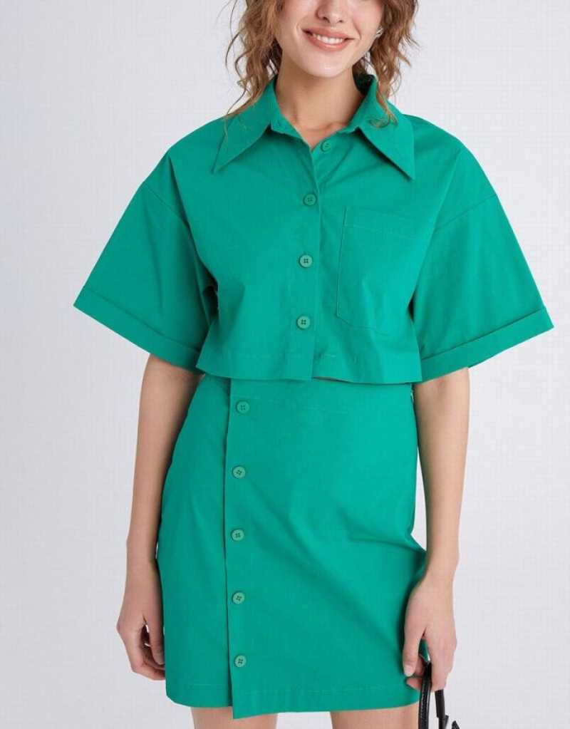 Green Urban Revivo Button Down A-Line Collar Women's Shirt Dress | 86547LIWT