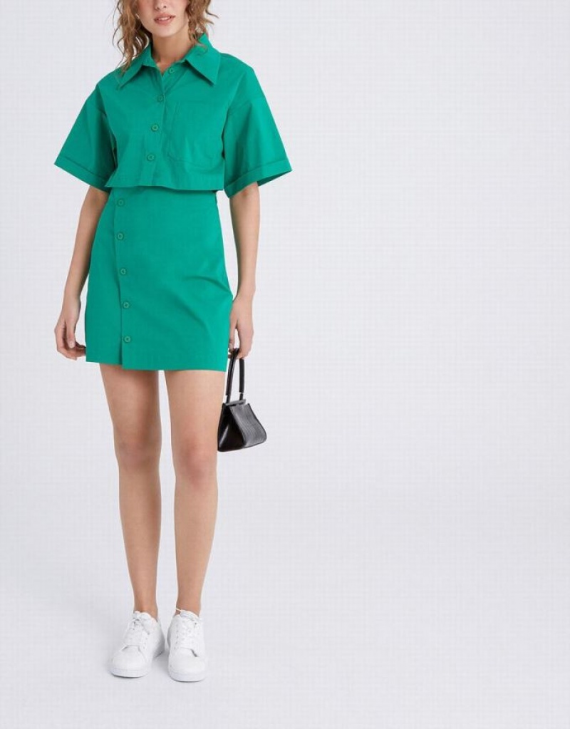 Green Urban Revivo Button Down A-Line Collar Women's Shirt Dress | 86547LIWT