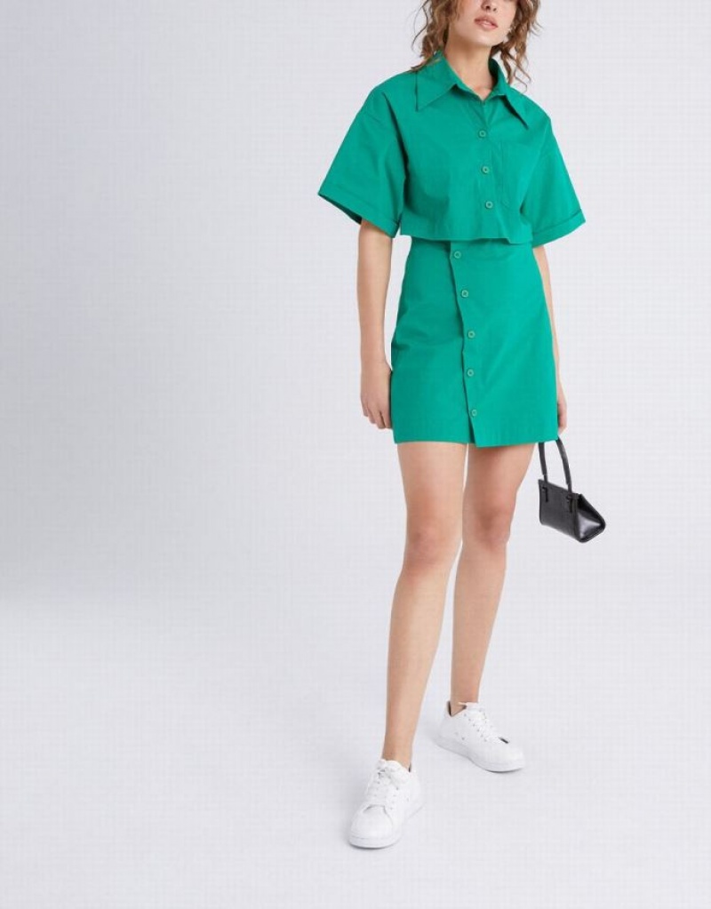 Green Urban Revivo Button Down A-Line Collar Women's Shirt Dress | 86547LIWT