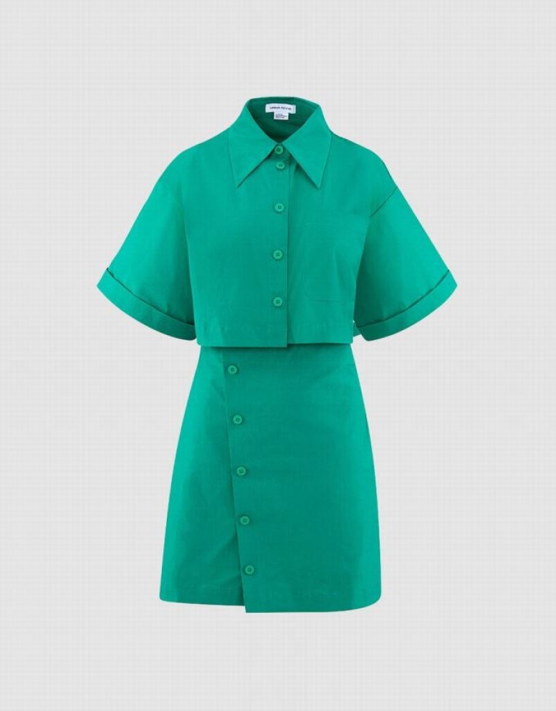 Green Urban Revivo Button Down A-Line Collar Women\'s Shirt Dress | 86547LIWT