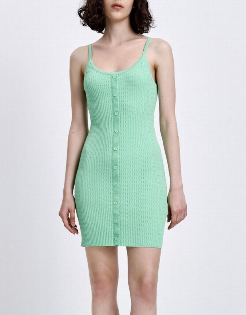 Green Urban Revivo Button Front Ribbed Cami Women's Knitted Dress | 74693AYRH