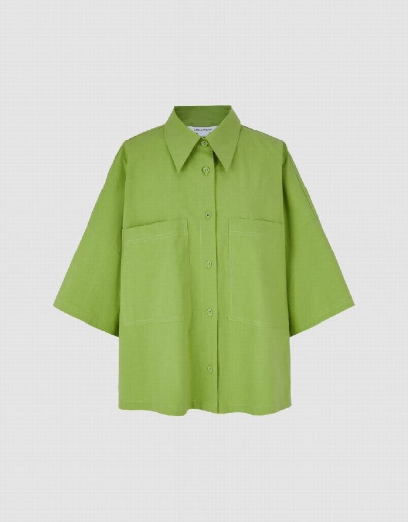 Green Urban Revivo Button Up A-Line Women's Shirts | 16089WXKB