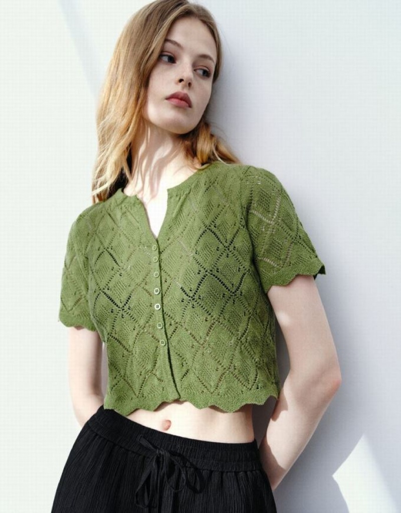 Green Urban Revivo Button Up Crew Neck Knitted Women's Cardigan | 61983RYSU