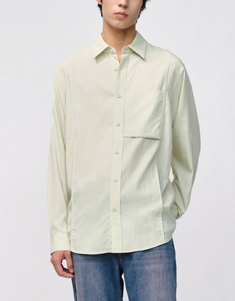 Green Urban Revivo Button Up Loose Men's Shirts | 95136LXMR