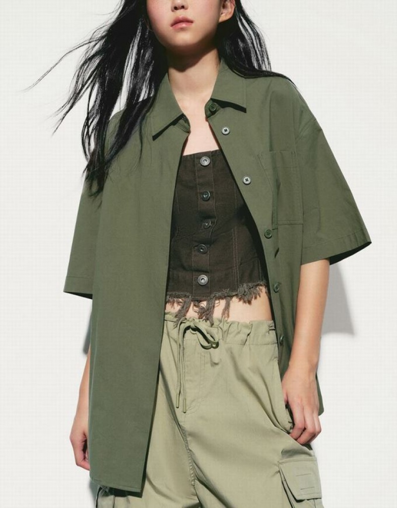 Green Urban Revivo Button Up Loose Women's Shirts | 67314JITZ