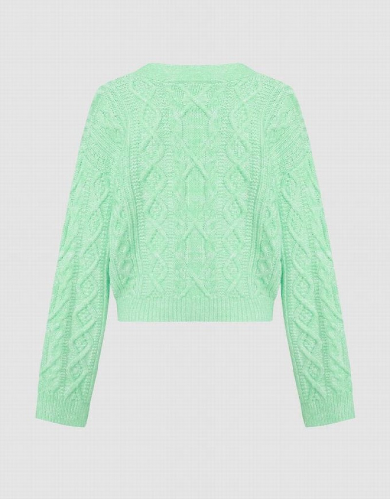 Green Urban Revivo Cable Knit V Neck Button Up Women's Cardigan | 70156NPJT