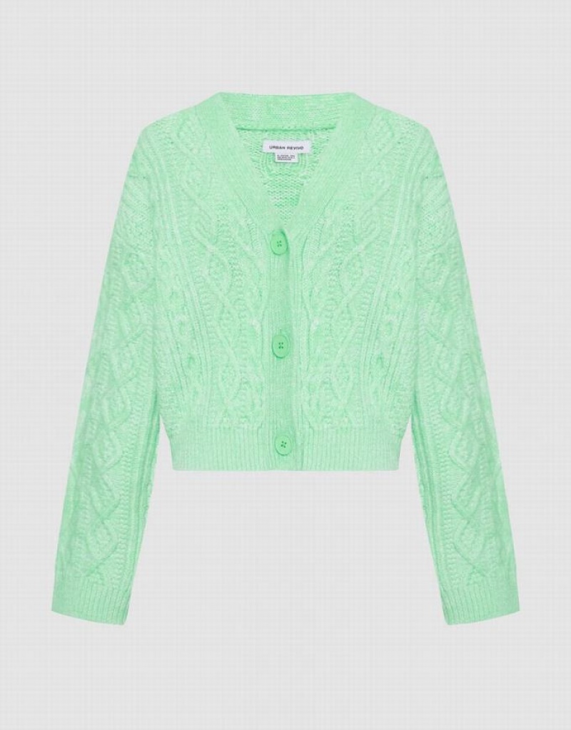 Green Urban Revivo Cable Knit V Neck Button Up Women\'s Cardigan | 70156NPJT