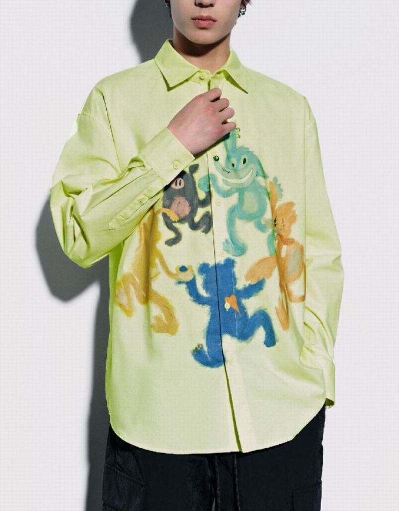 Green Urban Revivo Cartoon Printed Oversized Men's Shirts | 48507MBPT