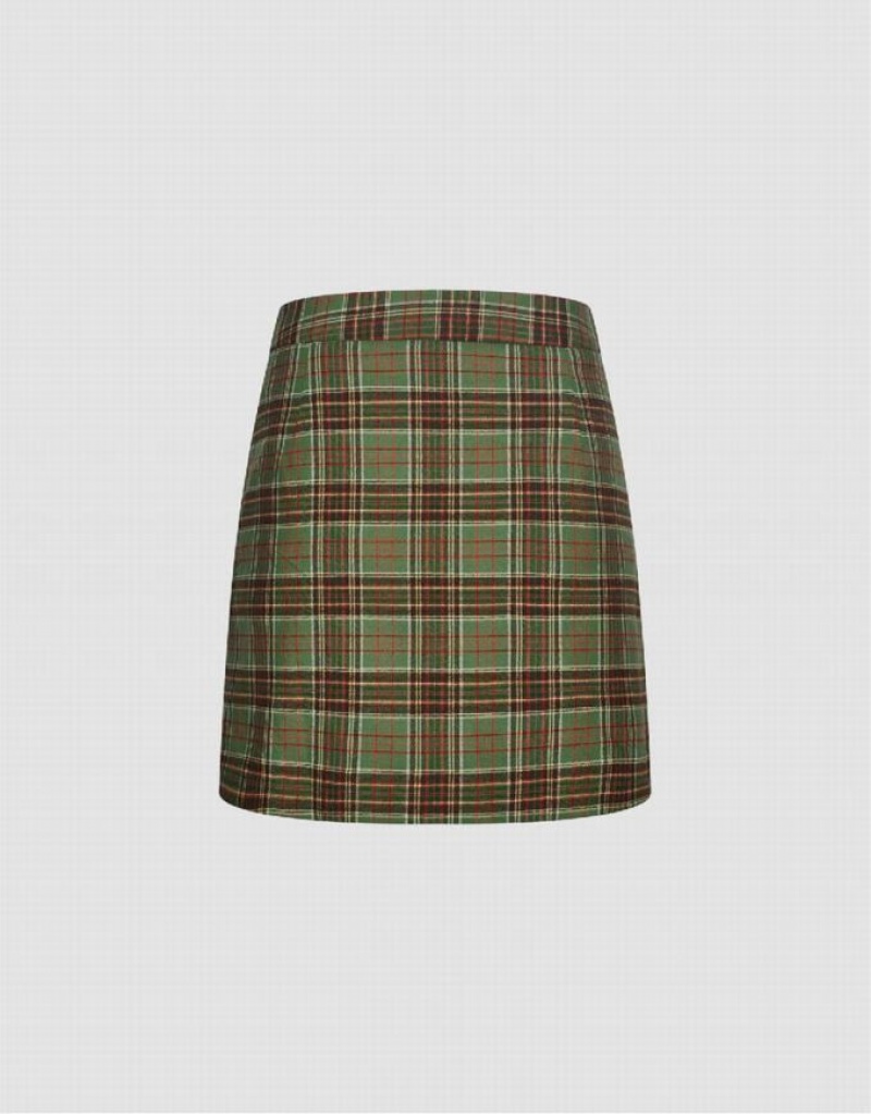 Green Urban Revivo Checkered Mini A-Line Women's Skirts | 74635NHUV