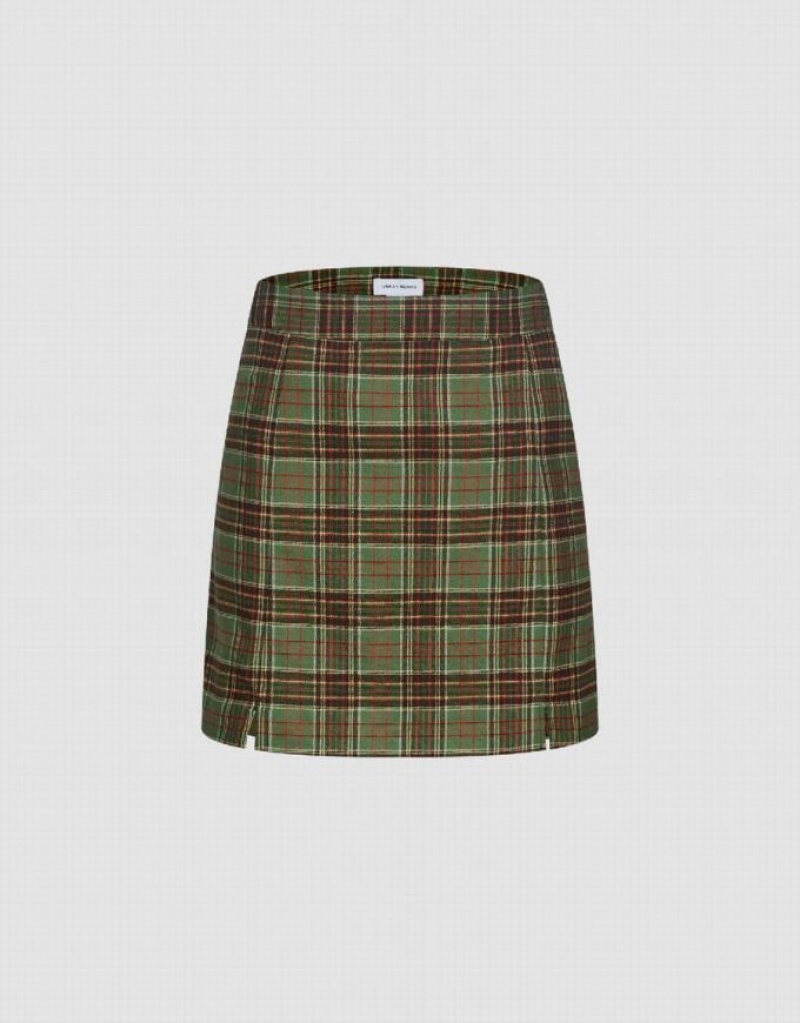 Green Urban Revivo Checkered Mini A-Line Women\'s Skirts | 74635NHUV