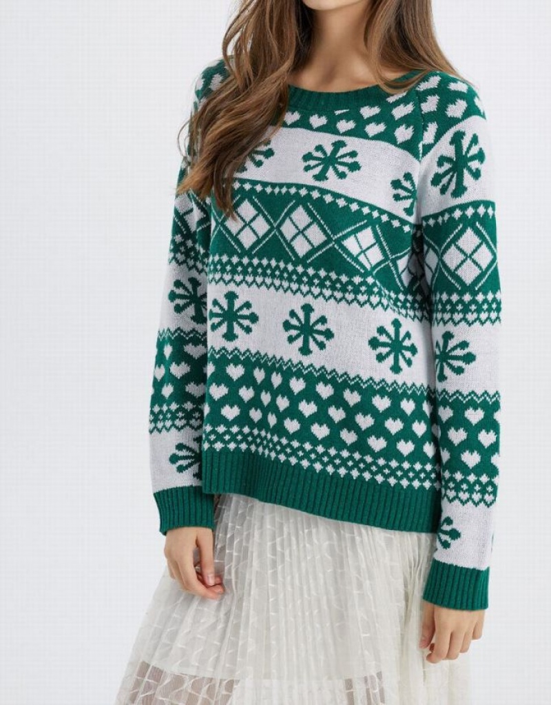 Green Urban Revivo Christmas Snowflake Crew Neck Holiday Women's Sweaters | 49065BDVL